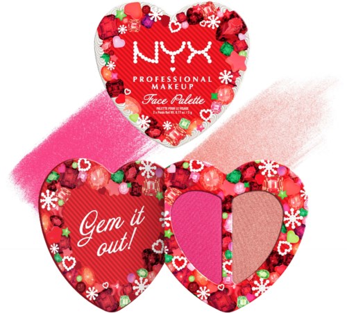 NYX Gesichtspaletten in Herzform mit pinken und braunen Tönen, umgeben von einem Herzverpackung mit kleinen Frucht- und Blumenmustern.