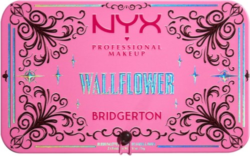 Een roze NYX make-uppalette getiteld Wallflower met zwarte krullende ontwerpen en glitters.