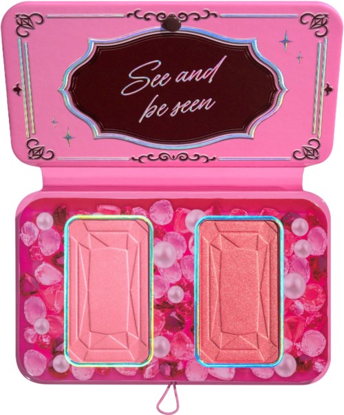 Roze make-up pallet met twee oogschaduw, versierd met glitters en bellen, in een roze doosje met 'See and be seen' tekst.