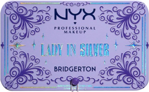 A colorful box with purple swirls, NYX Professional Makeup logo, and the words 'Lady in Silver' with sparkling effects.