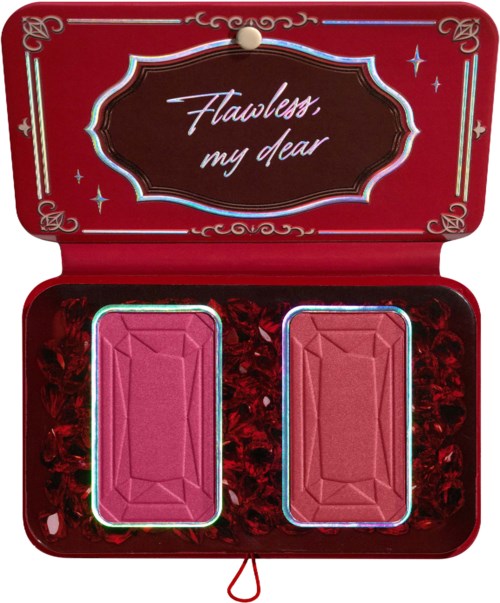 Compact makeup palette with two pink blushes inside a red decorative case labeled "Flawless, my dear."