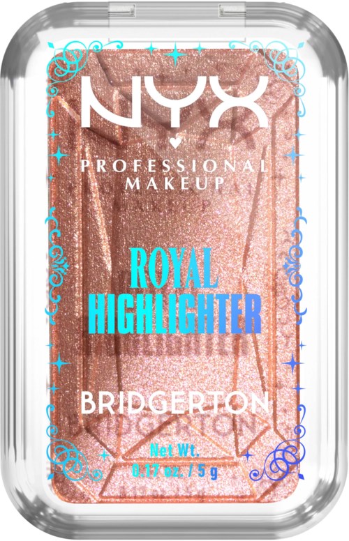 A makeup highlighter compact from NYX with rose gold color and decorative blue details.