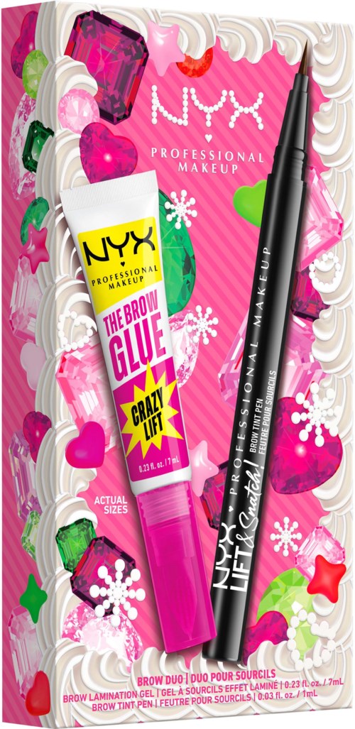 NYX bryngel och brynskam på rosa dekorativ förpackning med hjärtan och stjärnor.