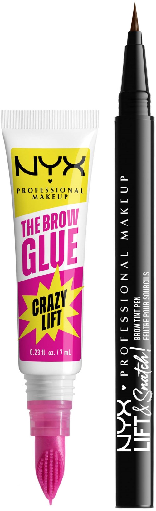 NYX ögonbrynslim med rosa applicator och svart ögonpenna med vit text.