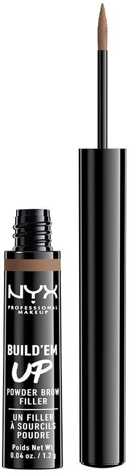 En NYX makeup-produkt med en applicator, etikett som visar 'Build 'Em Up' puderbrynfyllare, svart och vit design.