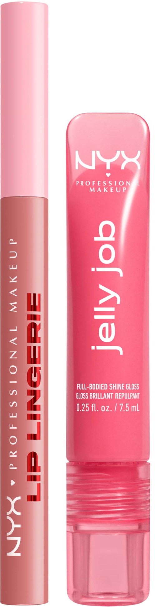 Lipstick tube and lip gloss stick with pink caps. Text shows brand, product name, and description.