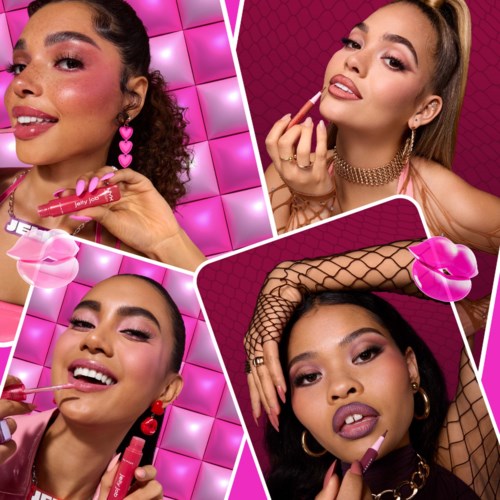 Four women with stylish makeup and accessories pose against pink backgrounds, holding lipstick and lip gloss. Elegant and glamorous.