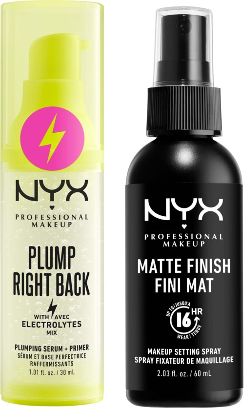 Twee NYX make-up producten: een gele spray voor achterkant en een zwarte spray voor matte finish.