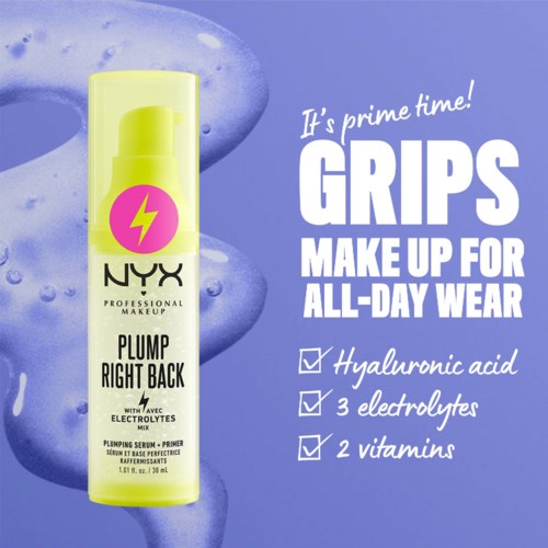 NYX make-up basisingrediënt met hyaluronzuur, elektrolyten en vitamines voor de hele dag. Gele fles met roze bliksemlogo.