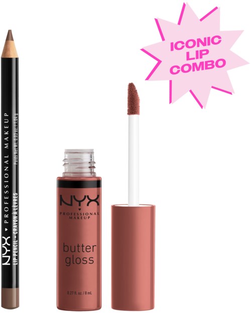 NYX butter gloss og leppeblyant med rosa etikett som viser Iconic Lip Combo tekst.