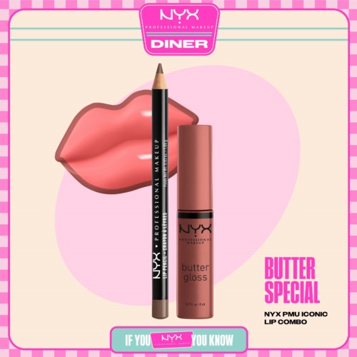 Leppeglans og leppepenn foran en leppeillustrasjon med NYX Diner-logo og Butter Special-merke.