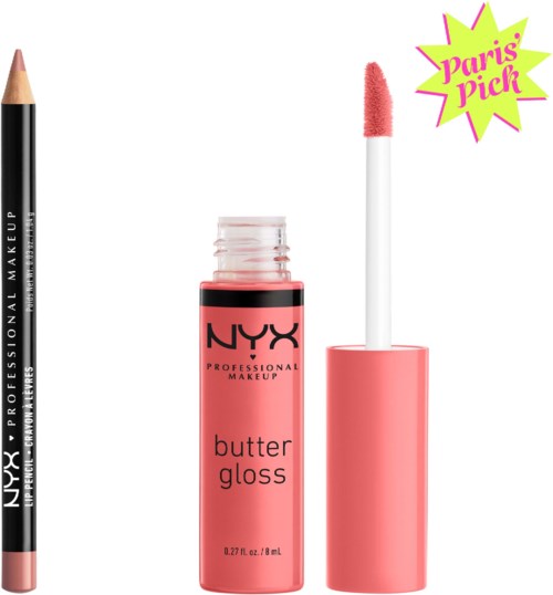 Lipgloss påføring med rosa glans foran NYX butter gloss-beholder, merket med produktnavn. Paris pick-stjerne.