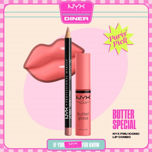 Leppglans og leppekritter i rosa toner med leppe- og produkillustrasjoner, som promoterer NYX Butter Gloss og leppepakke.