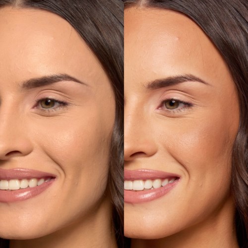 Side-om-side billeder af en kvinde, der viser forbedret hud og et lysere smil efter makeup.