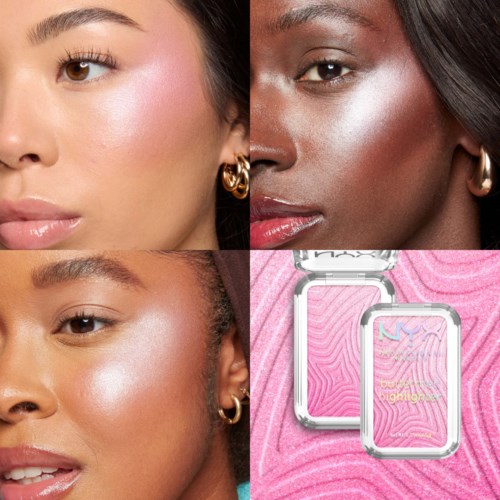 Tre kvinder med strålende hud, makeup og ørestikker, sammen med en pink baggrund og makeup spejle.