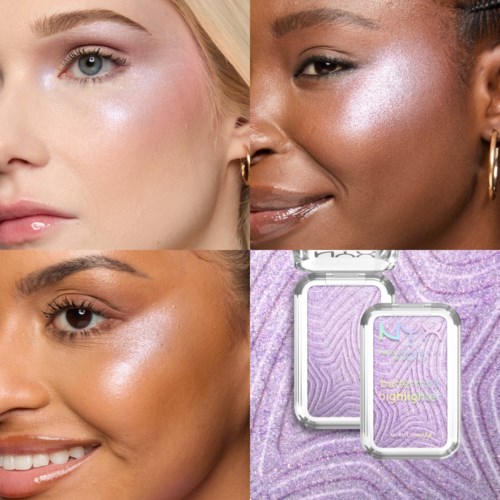 Vier vrouwen met stralende huid, gouden oorbellen en make-up. Twee make-up spiegels zijn ook zichtbaar met paarse achtergronden.