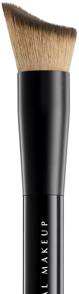 En sort makeupbørste med vinklet beige børster og ordene "MAKEUP UP" på håndtaget.