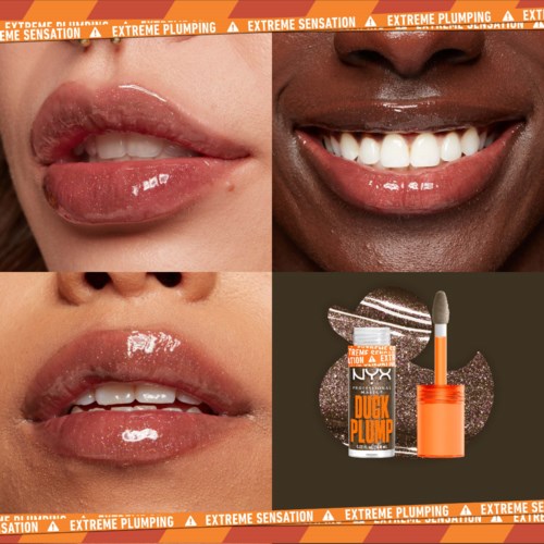 Close-up van lippen, sommige met lipstick, en een cosmetisch product genaamd 'Duck Plump' met een applicator.