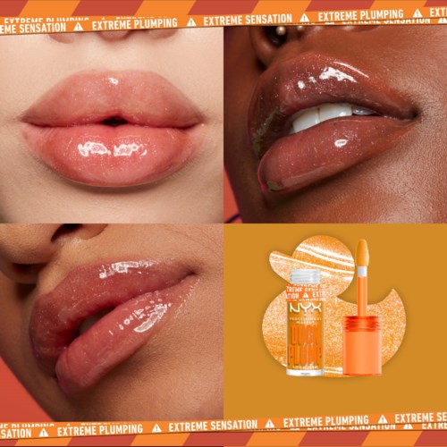 Close-up van lippen met glanzende gloss, met een lipstick, benadrukt extreme voluming en sensatie.