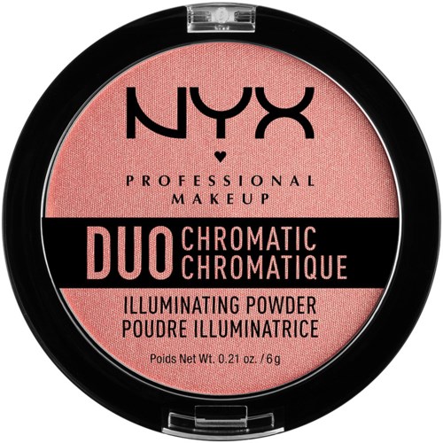 Pinkish powder inside a round compact with black and pink label, showing brand name NYX and product details.