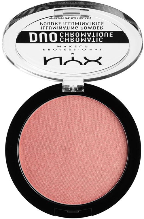 A pink blush in a round black compact with a clear lid showing the NYX logo.