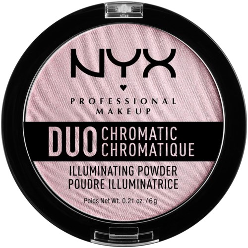 A round compact of NYX Professional Makeup powder with pink and black packaging, labeled 'DUO Chromatic.'