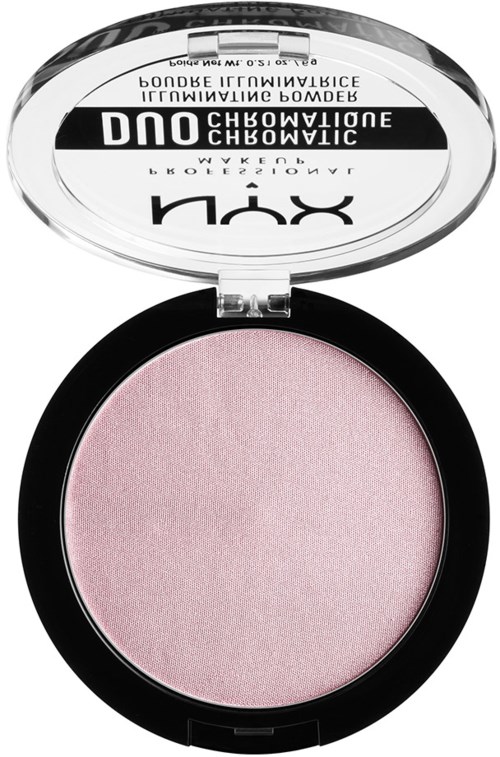 Open compact with pink powder inside, label showing brand and product details.