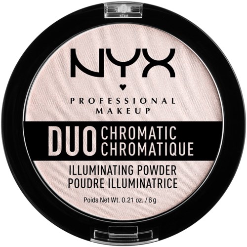 A round makeup container with a black border, pink powder inside, and text including NYX, DUO, and illuminating powder.