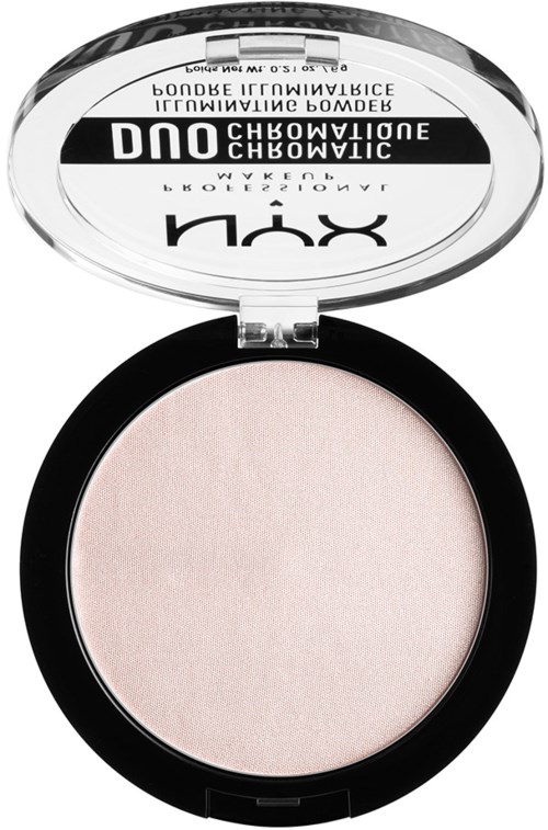 A round makeup compact with a clear lid, containing light pink powder inside.