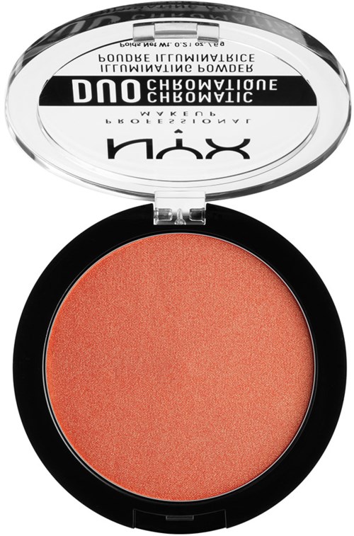 A round makeup blush with a clear lid, showing a peach-colored powder inside.