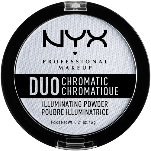 NYX professional makeup DUO chromatic illuminating powder, round compact, black and white label, net weight 0.21 oz or 6 g.