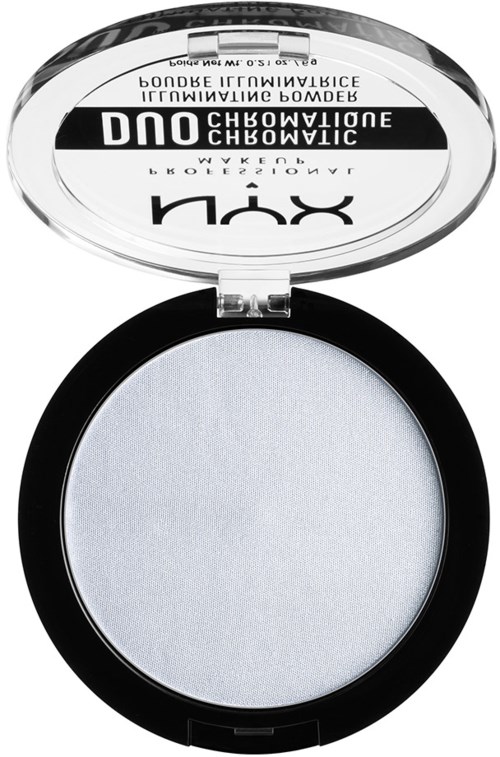 A compact with white powder inside and a clear lid showing mirror and text labels.