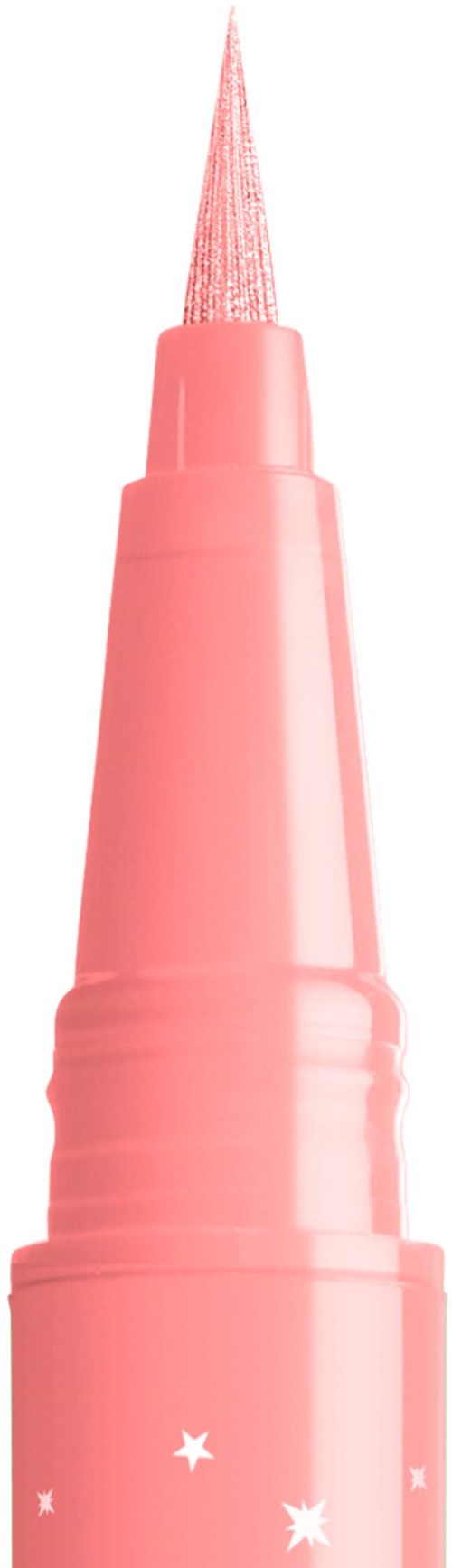 En lyserød makeuppensel-lignende applikator med spids spids og stjerne-dekorationer på kroppen.