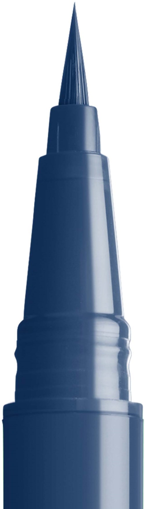 A pen with a blue ink tip and a long, narrow body.
