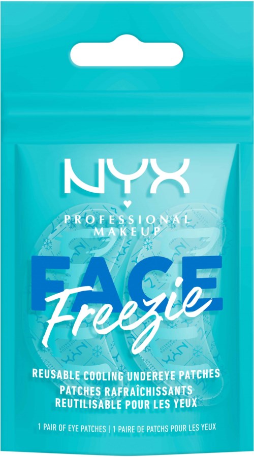 Blå förpackning med NYX-logga, ansiktsplåster och produktnamn, som visar kylande och återanvändbar design.