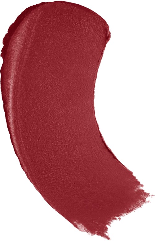 Ett rödaktigt läppstiftsmärke med kurvig form och texturerad yta.