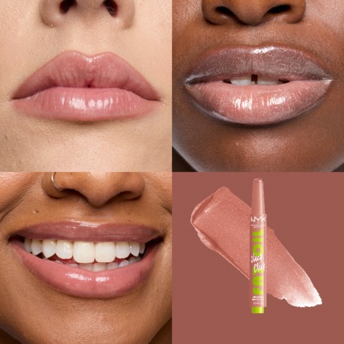 Vier afbeeldingen tonen lippen met verschillende lippenstift- en lipglosskleuren, inclusief een lachend persoon met beugel.