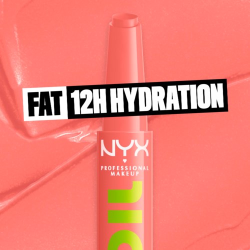 Tekst op een lipgloss die de hele dag hydratatie en vetabsorptie promoot.