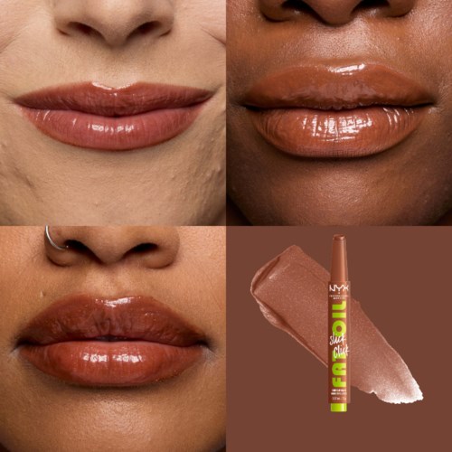 Close-up van lippen voor, tijdens en na het aanbrengen van NYX lipgloss, met glanzende, gladde lippen in verschillende huidtinten.