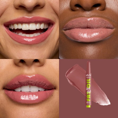 Close-up van vier afbeeldingen met lachende gezichten en lippen met verschillende make-up en lipgloss, plus een NYX lipgloss-product.