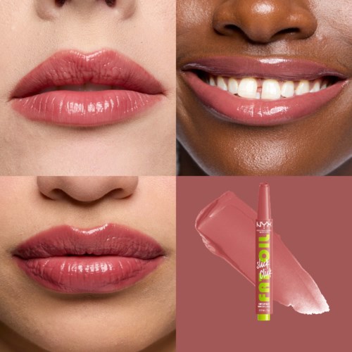 Twee mensen laten hun lippen zien met roze liptstift, één glimlacht en één heeft de lippen dicht. Lipgloss en eyeliner inclusief.