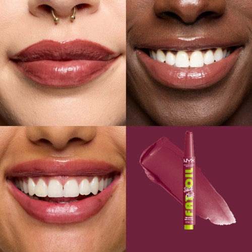Drie mensen met lippenstift en vrolijke glimlachen. Een heeft een neuspiercing. Er is ook een lipgloss.