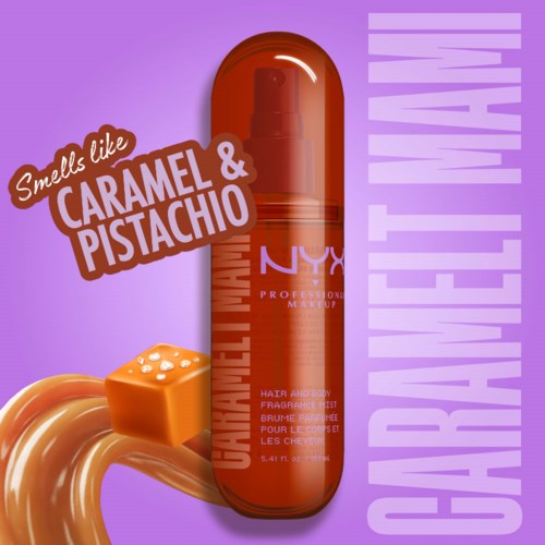 En NYC NYX-flaske med hår- og kropsduft med smag af karamel og pistacie, orange farve og lilla baggrund.