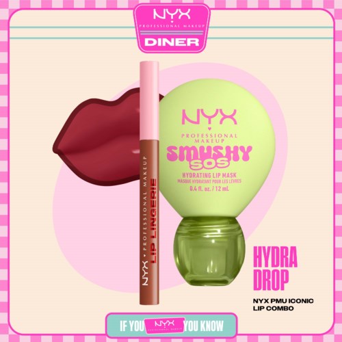 NYX Hydra Drop och läppenna i rosa med NYX-loggan och produktnamn på förpackningen.