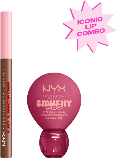 Läpppenna och återfuktande läppmaskin från NYX, rosa förpackning, kampanjmärke med texten Iconic Lip Combo.