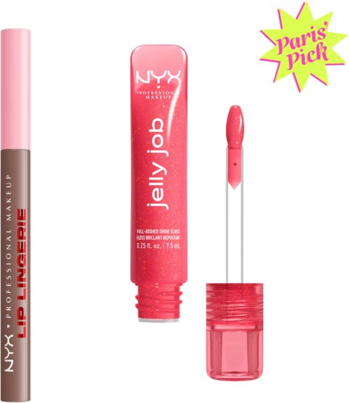 Lipgloss buis met NYX Jelly Job label, applicator en Paris pick sticker.