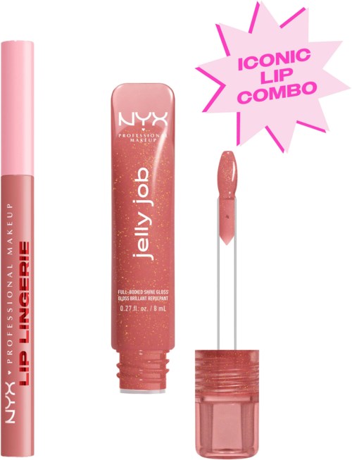 Leppeglansrør og applikator med rosa gloss og etikett med NYX og jelly job.
