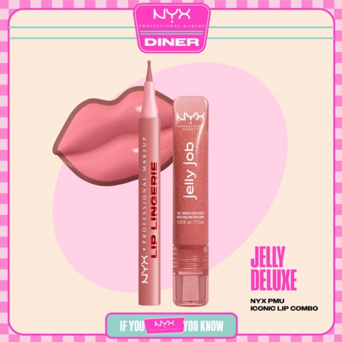 NYX Jelly Deluxe leppeglansrør med applikator, plassert ved siden av leppeprøve, på rosa bakgrunn med NYX-merke.
