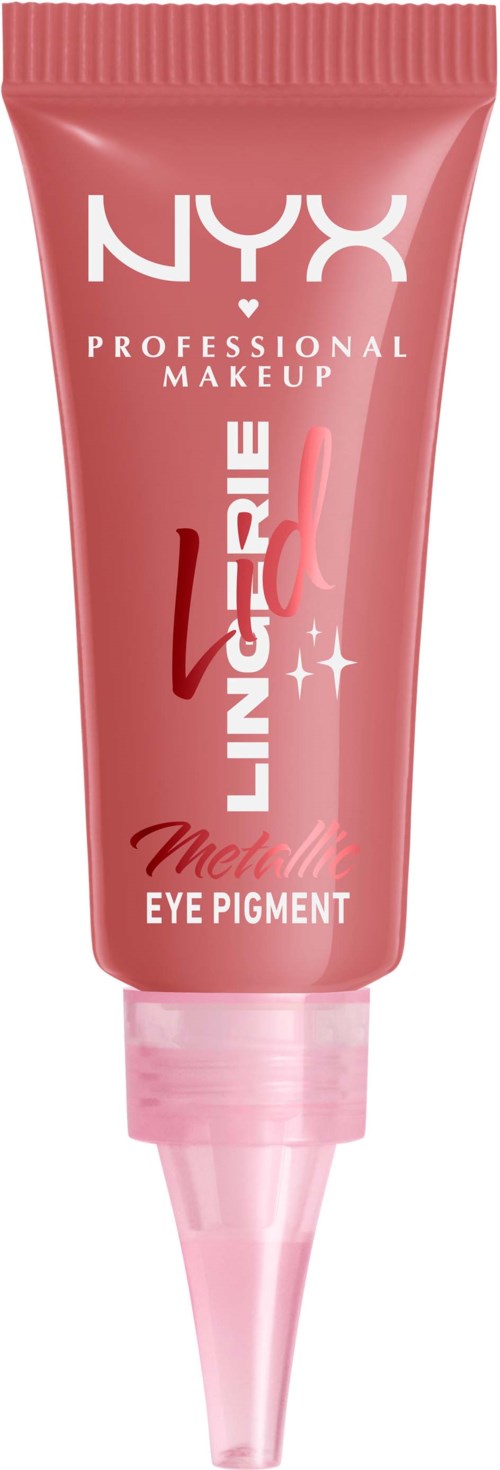 Rosa tub med NYX Professional Makeup Lingerie Eye Pigment ögonskugga med en smal applikator.