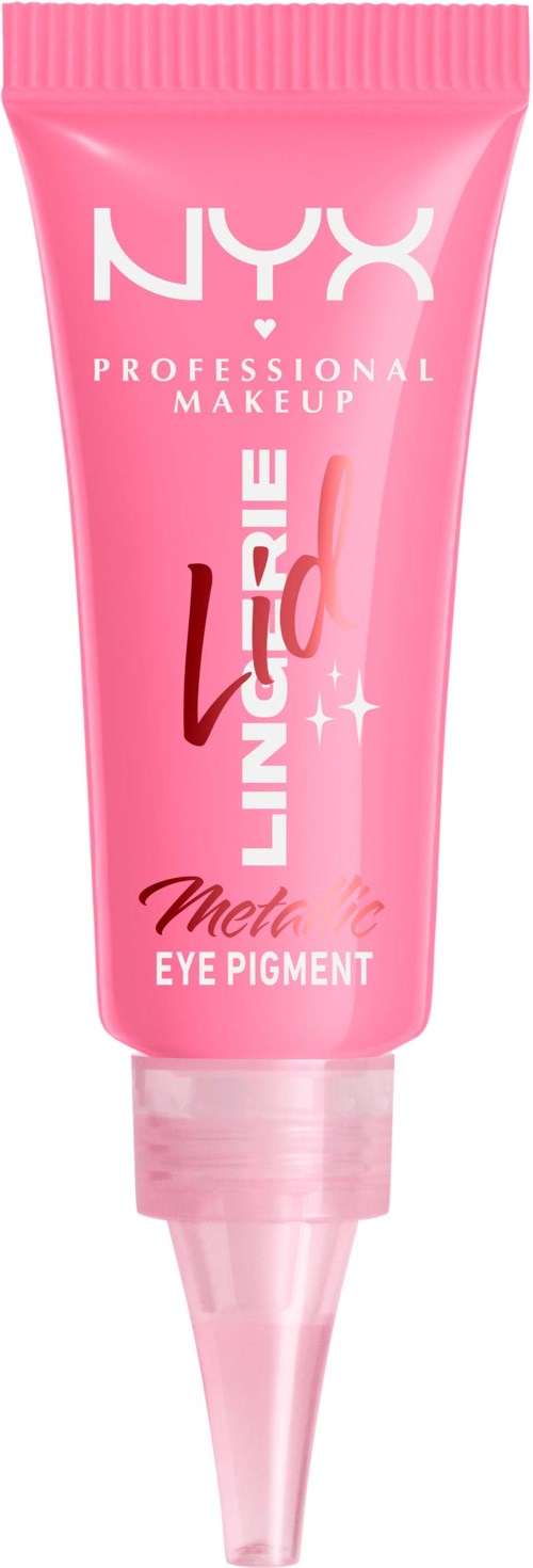 Pink tub med NYX Professional Makeup flytande eyeliner och Meta Eye Pigment-etikett.